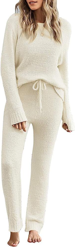 Women's Casual Pajama Set Fuzzy Fleece Knitted Long Sleeve Pj Loungewear | Amazon (US)