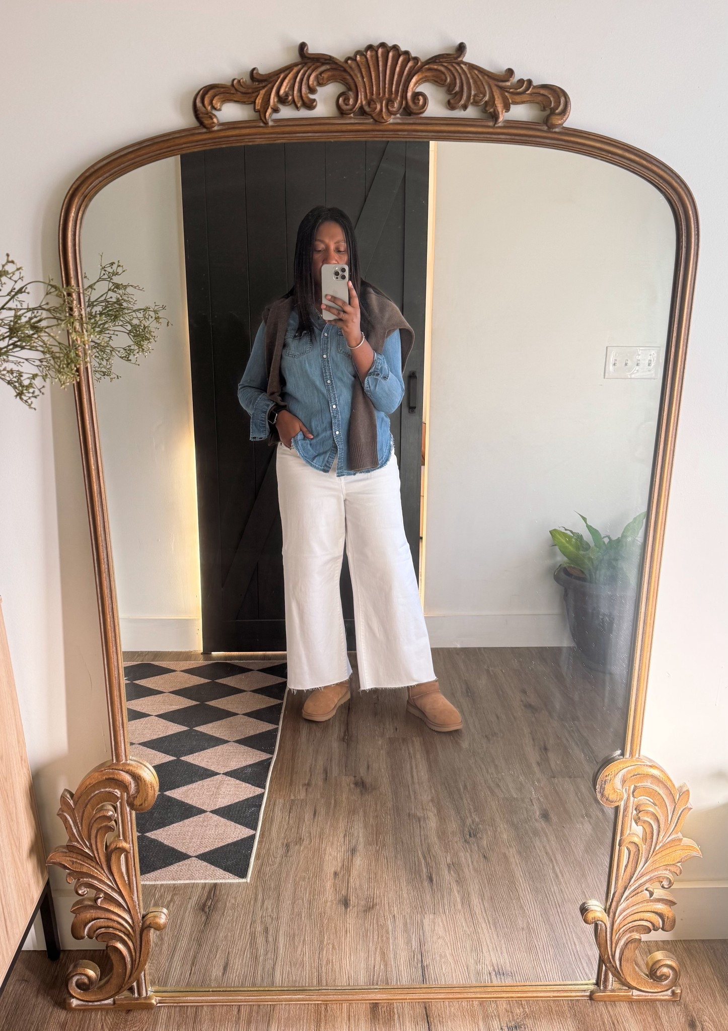 Winter white denim with chambray top and sweater 

#LTKOver40 #LTKootd #LTKgrwm