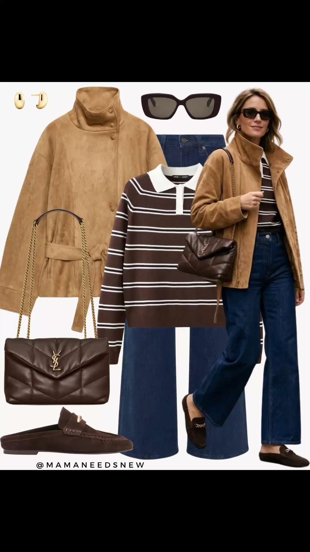 Early fall outfit with suede belted jacket, polo sweater, jeans, shoulder bag, loafer mules

#LTKootd #LTKSeasonal #LTKSaleAlert