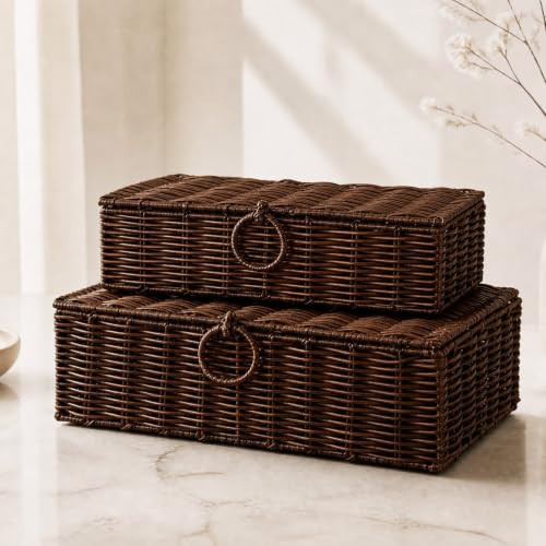 Hushee Set of 2 Wicker Storage Baskets with Lid Woven Wicker Storage Bins Woven Rattan Decorative Boxes with Lid for Shelf Organizer Coffee Table Bathroom Living Room Decor | Amazon (US)