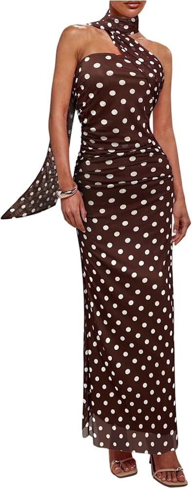 Milumia Women's Polka Dots Mesh Halter Dress Elegant Ruched Bodycon Maxi Dresses with Scarf | Amazon (US)