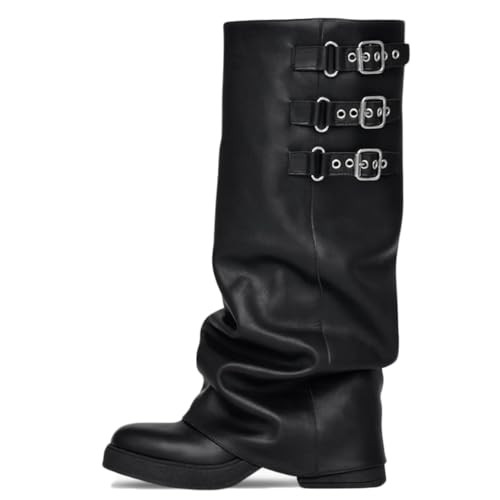 EQAUDES Women's Black Knee-High Slouch Boots Fold Over Wide Calf Pull On - Low, Chunky Heel, Buckle, Square Toe, Platform, Biker, Riding, Fashion Combat Boots | Amazon (US)