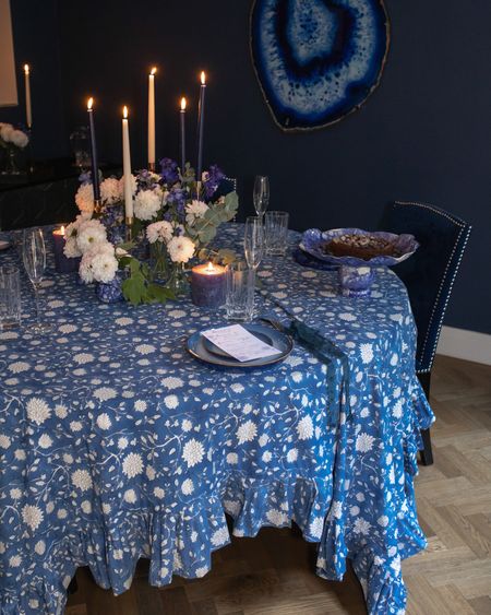 A blue tablescape complete with blue candles, ceramics and of course, my new block printed table linens in the dahlia design 💙🤍💙 

#LTKSeasonal #LTKhome #LTKeurope