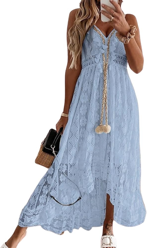 CUPSHE Women's Lace Dresses Boho Tassel V-Neck Flare Ruffle Adjustable Straps Beach Summer Maxi D... | Amazon (US)