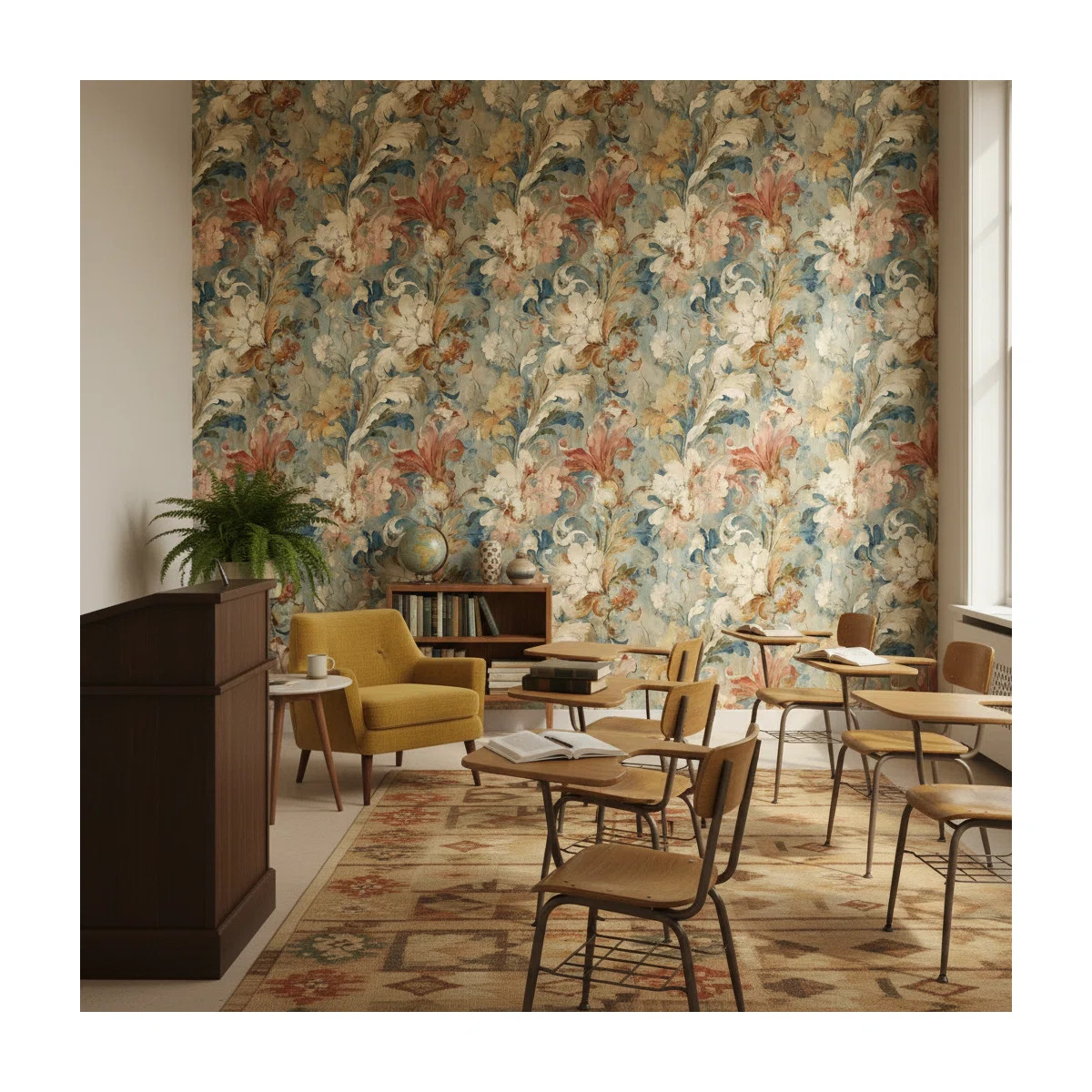 Floral Wallpaper Vintage Blue Wall Mural | Wayfair North America
