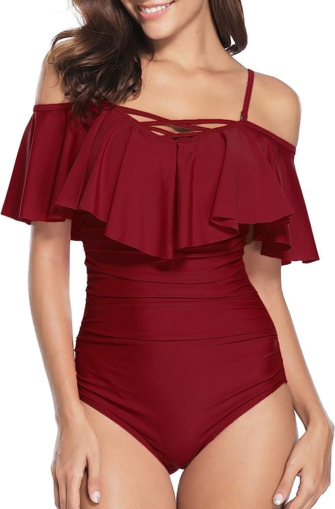 Holipick Wine Red Off Shoulder One Piece Swimsuits for Women Tummy Control Ruched Bathing Suits R... | Amazon (US)