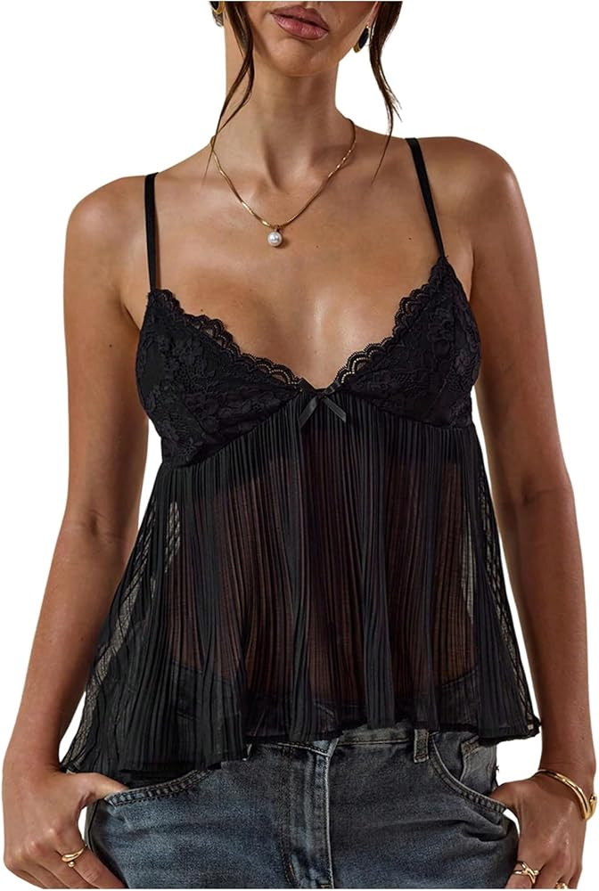 SOLY HUX Women's Summer Lace Cami Tops Deep V Neck Spaghetti Strap Sheer Peplum Camisole Top | Amazon (US)
