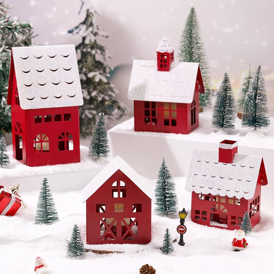 Poen 15 Pcs Christmas Village Accessories Set 4 Pcs Christmas Town Village Houses with Snow Carpe... | Amazon (US)
