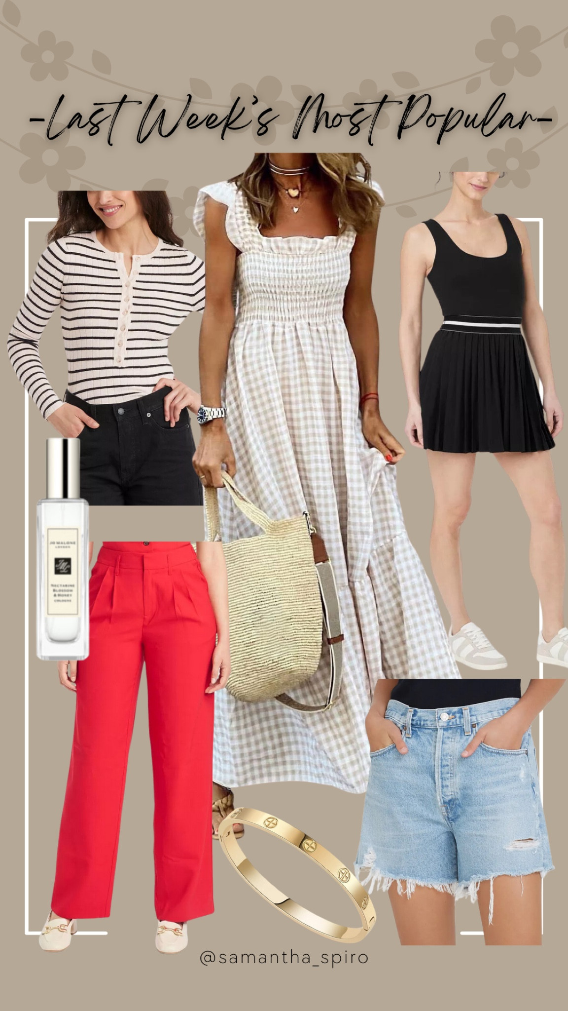 Last weeks faces: sizes: small in the dress. Medium in the tennis outfit but could have done small, TTS 26 in the jean shorts, TTS 2 in the red trouser (the elastic waistband in the back is very forgiving, sized up to a medium in the Henley striped top so it wouldn’t be too tight. The gold bracelet is a look alike for wayyyyyy less. The perfume is a citrus and floral mix that is spendy but amazing!! 

#LTKWorkwear #LTKSeasonal #LTKActive