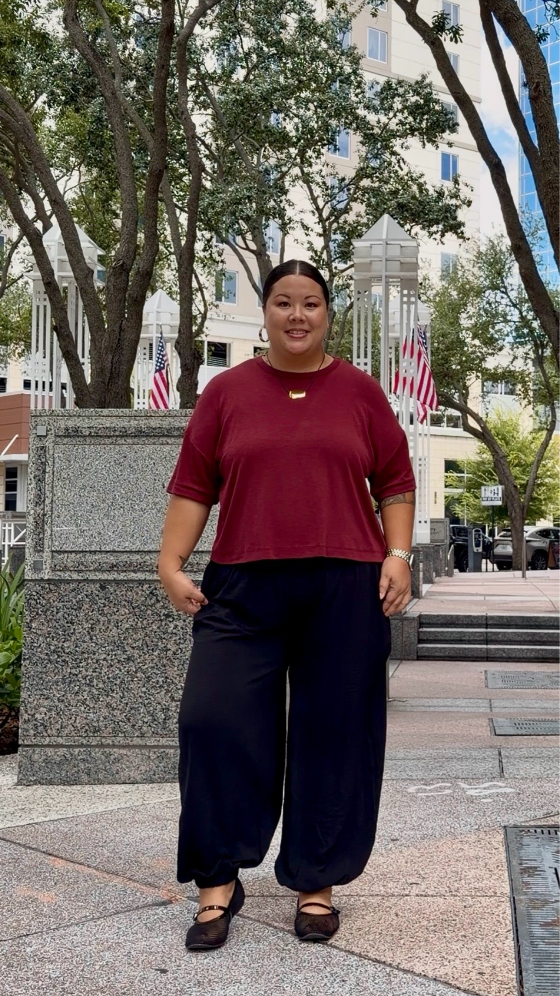 Casual outfit idea. 
A cropped burgundy boxy tee with black bubble pants and black mesh flats. A comfy, casual look. Accessorized with tortoise shell hoops and a rope necklace that has an imperfect gold pendant. I’ve seen this style necklace trending everywhere!
I bought n most of these in-store or a long time ago and no longer available but I’ve found some really good similar options to easily recreate this look!

#LTKootd #LTKMidsize #LTKPlusSize