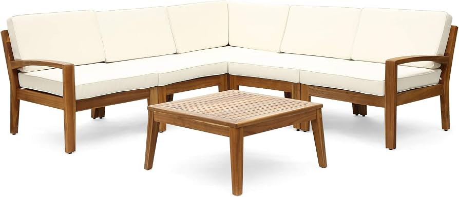 GDFStudio Outdoor Acacia Wood 5 Seater Sectional Sofa Set with Coffee Table, Teak and Beige | Amazon (US)