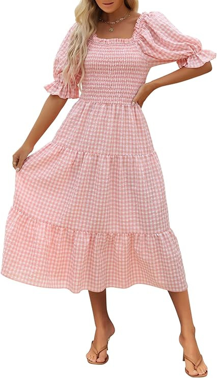 HEHULL Women's Summer Boho Square Neck Short Puff Sleeve Ruffle Hem Tiered Flowy Beach Tie Back L... | Amazon (US)