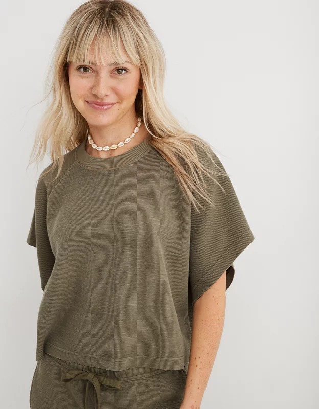 Aerie Lightweight Ribbed Short Sleeve Sweatshirt | Aerie