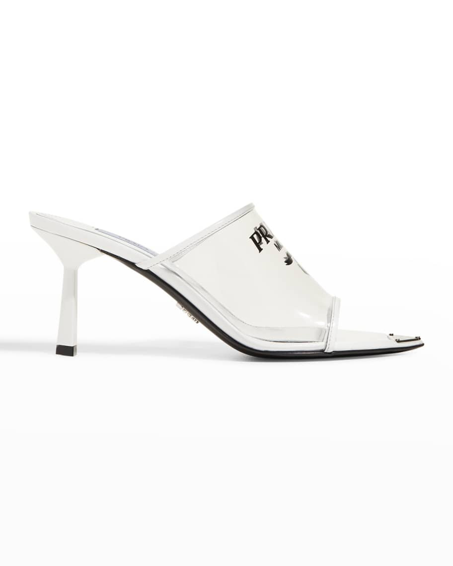 Prada 75mm Plex Logo Extended Sole Mules | Neiman Marcus