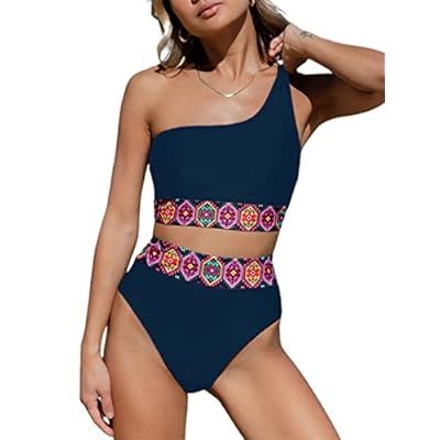 Hilinker Women's Boho One Shoulder 2 Piece Swimsuit Patchwork High Waisted Bi… | Amazon (US)