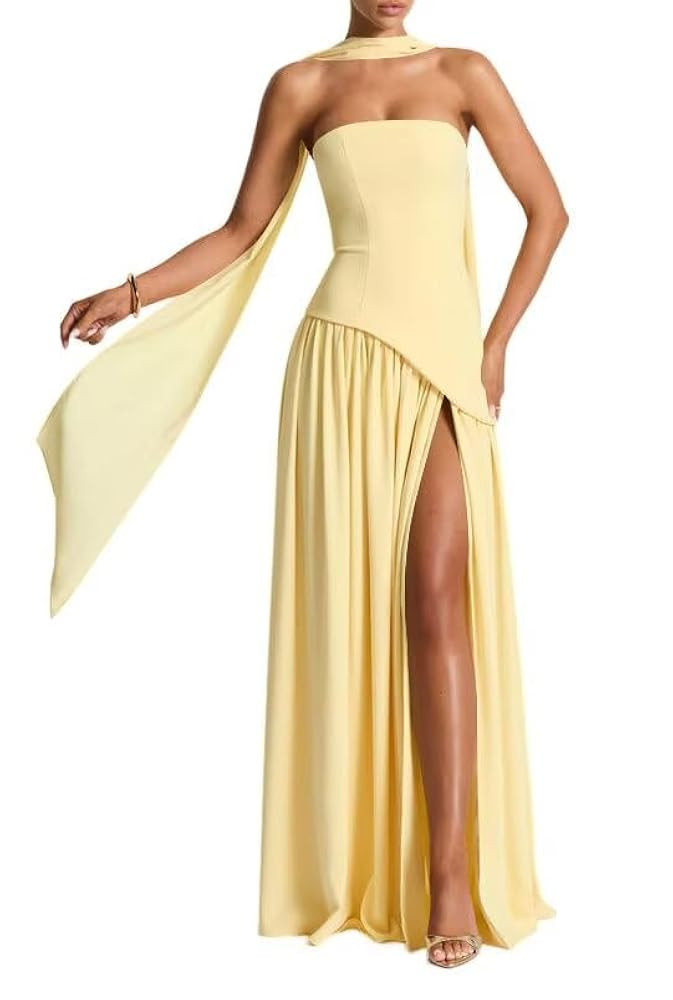 Strapless Bridesmaid Dresses Long with Scarf 2025 Satin Pleated Prom Dress VS190 | Amazon (US)