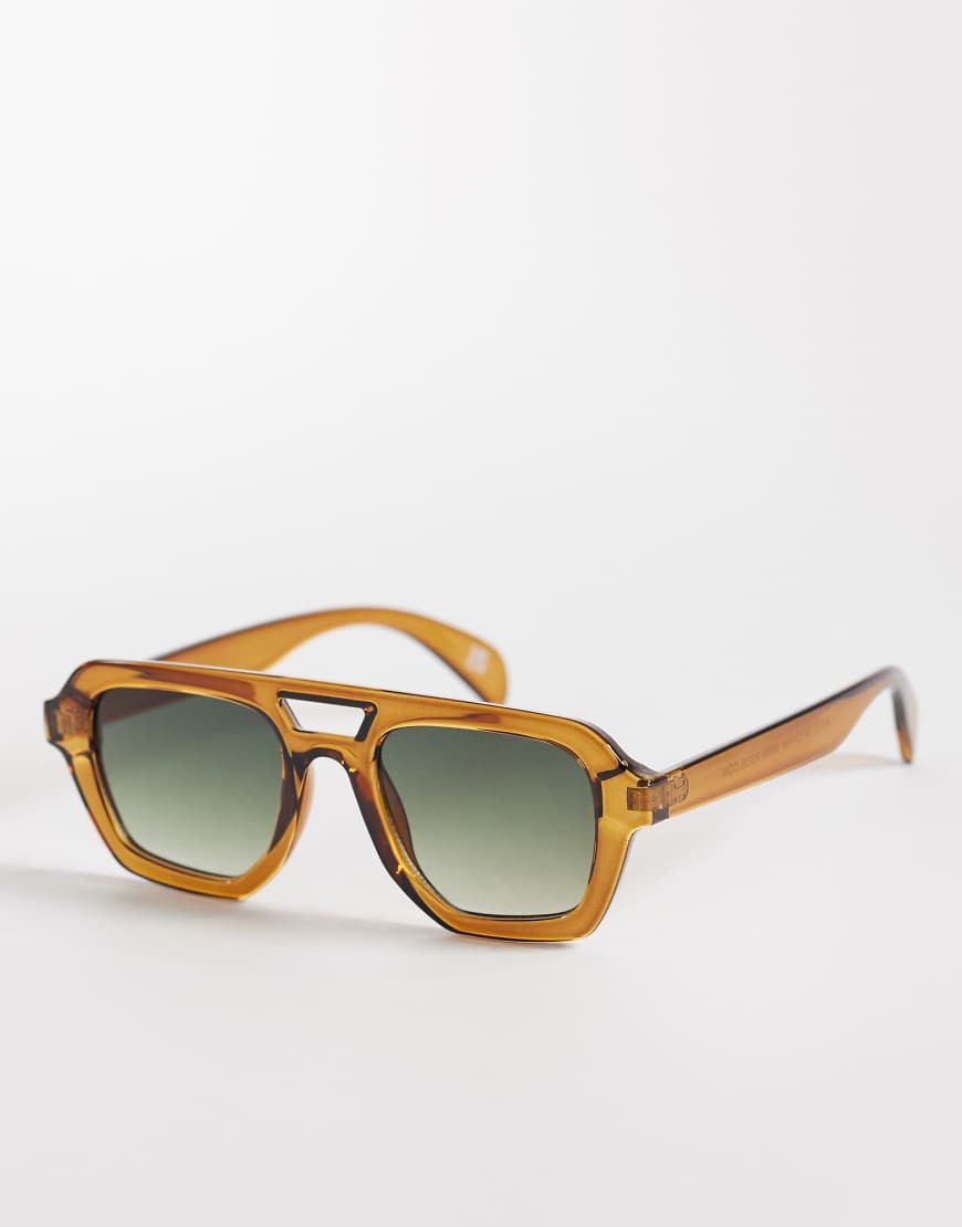 ASOS DESIGN angular aviator sunglasses in crystal brown with green lens | ASOS (Global)