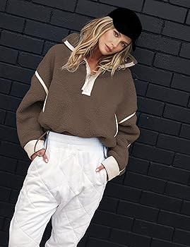 Women's Fleece Sweatshirts Half Zip Pullover Long Sleeve Oversized Workout Crop Tops Hoodie with ... | Amazon (US)