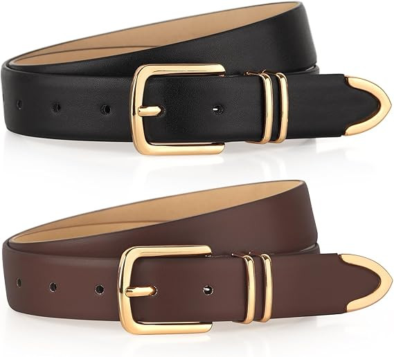 Monoluxe Pack 2 Women Belts for Ladies Jeans Pants with Fashion Faux Leather Gold Buckle | Amazon (US)
