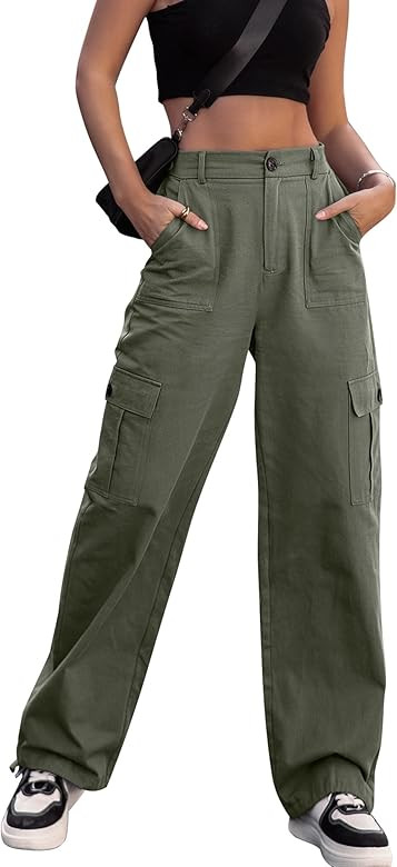 ZMPSIISA Women High Waisted Cargo Pants Wide Leg Casual Pants 6 Pockets Combat Military Trousers | Amazon (US)