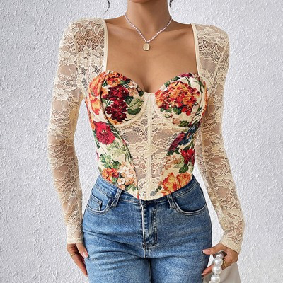 Coolmee Women's Sheer Shirts Floral Lace Long Sleeve Fashion Tops at Waist Sweetheart Neck Slim Fit Tops S Floral Print | Target