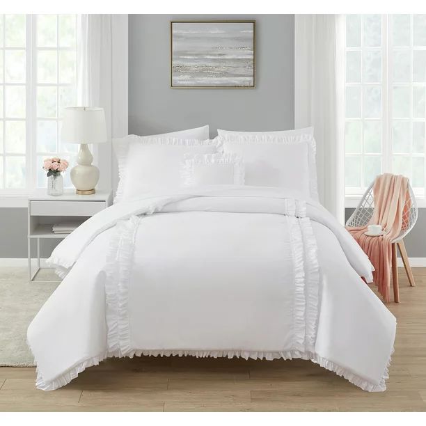 Simply Shabby Chic Reversible White Ruffle 4-Piece Comforter Set + Decorative Pillow, Full/Queen | Walmart (US)