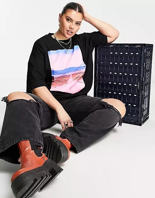ASOS DESIGN Curve oversized T-shirt in black with roadtrip photo front graphic print | ASOS (Global)