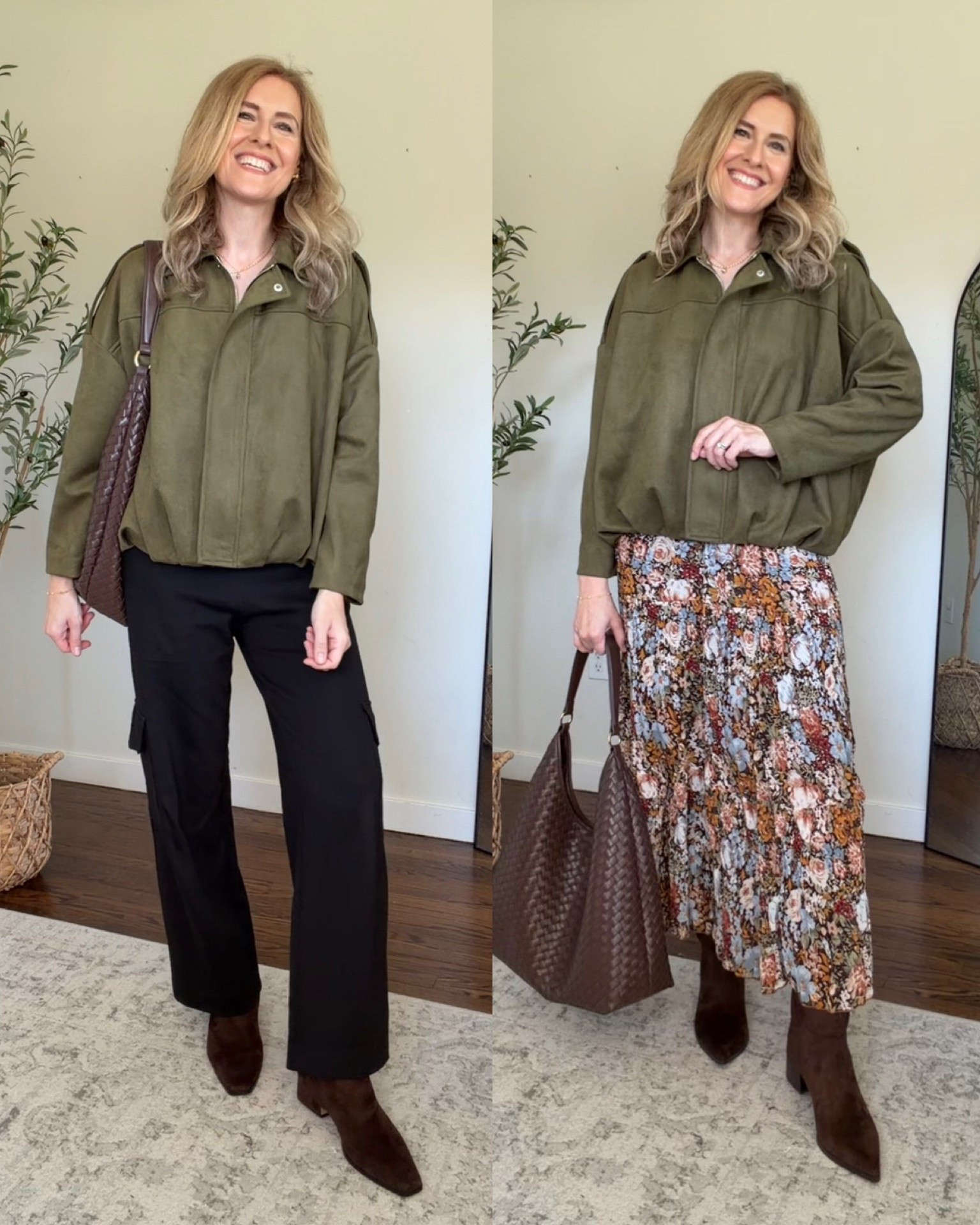 Two ways to wear this Amazon faux suede jacket with bubble hem, this is the size small, no need to size up. #amazonfashion