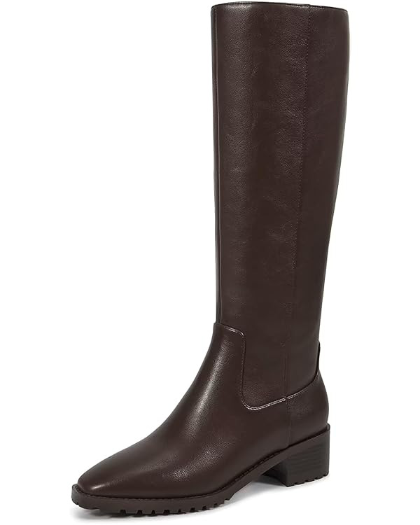 ISNOM Knee High Boots Women Square Almond Toe Flat Chunky Low Heel Riding Boots with Side Zipper | Amazon (US)