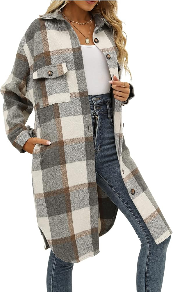 SeeKMe Women's Oversized Flannel Plaid Shacket Jacket Flap Pocket Lapel Button Down Long Shirt Ja... | Amazon (US)