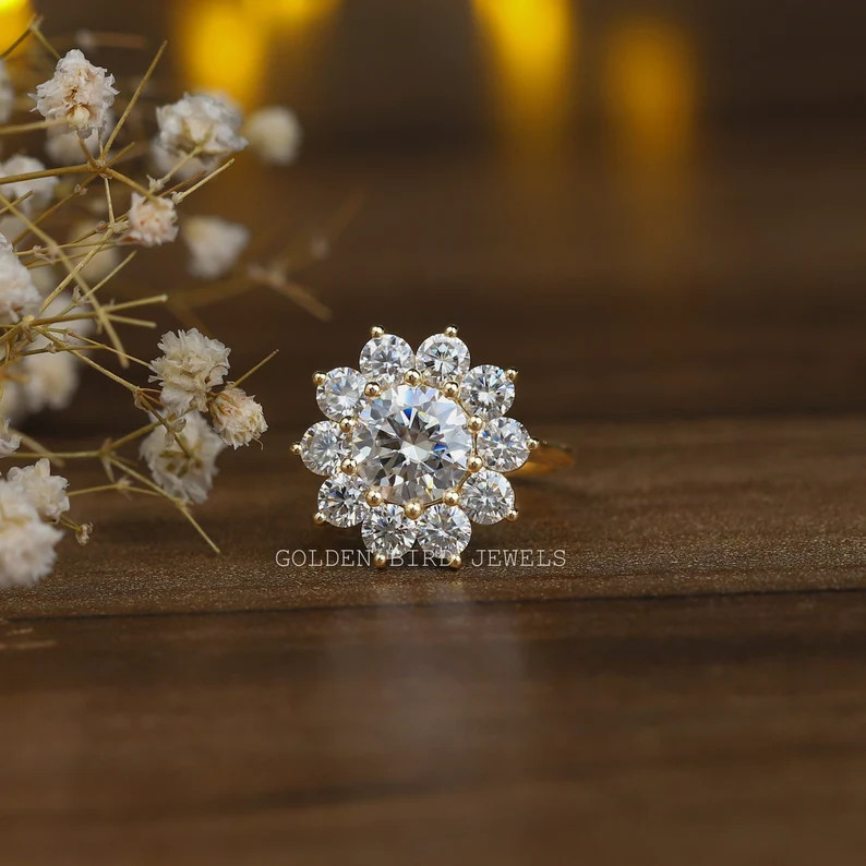 2.40 Carat Round Cut Moissanite Halo Floral Style Ring / Colorless Moissanite Engagement Ring / Y... | Etsy (US)