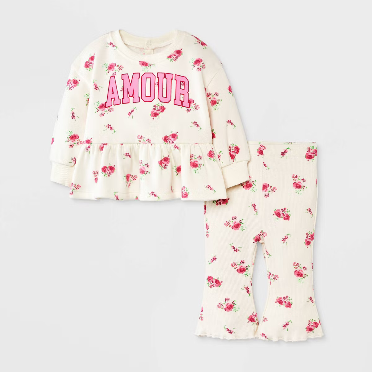 Baby Girls' 2pc Amour Love Floral Fleece Sweatshirt & Pants Set - Off-White 12M | Target