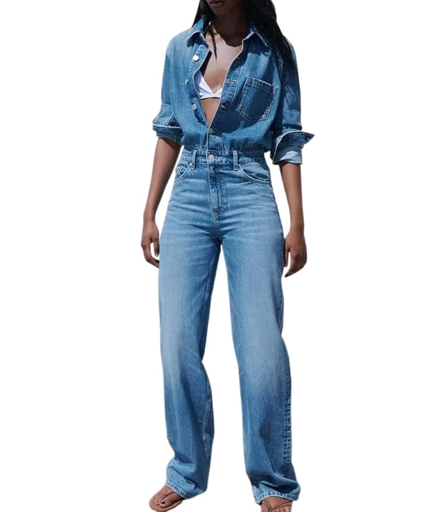 Women's Fashion High Waist Long Sleeve Denim Jumpsuit Slim Fit Button Loose Jean Pants Rompers | Amazon (US)