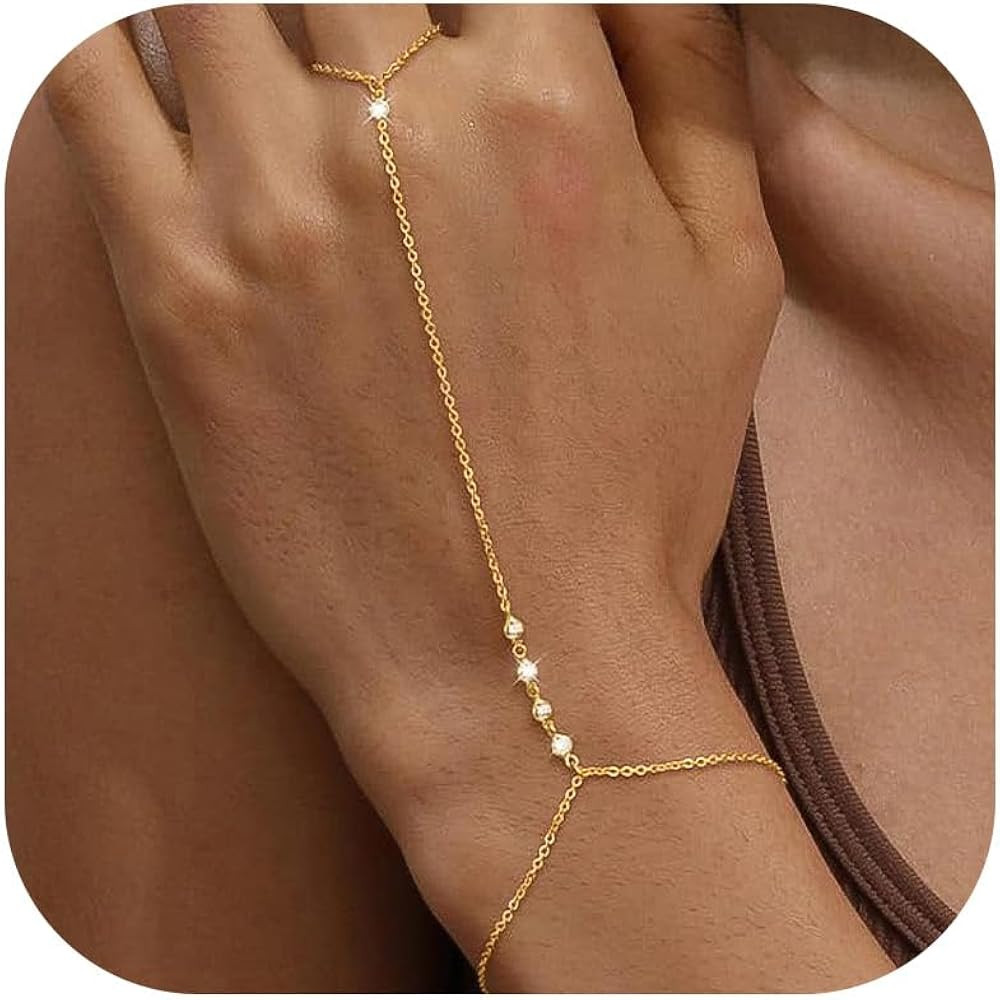 Hand Chain for Women Ring Bracelet Hand Chain Dainty Gold Finger Ring Slave Bracelet Zircon Hands... | Amazon (US)