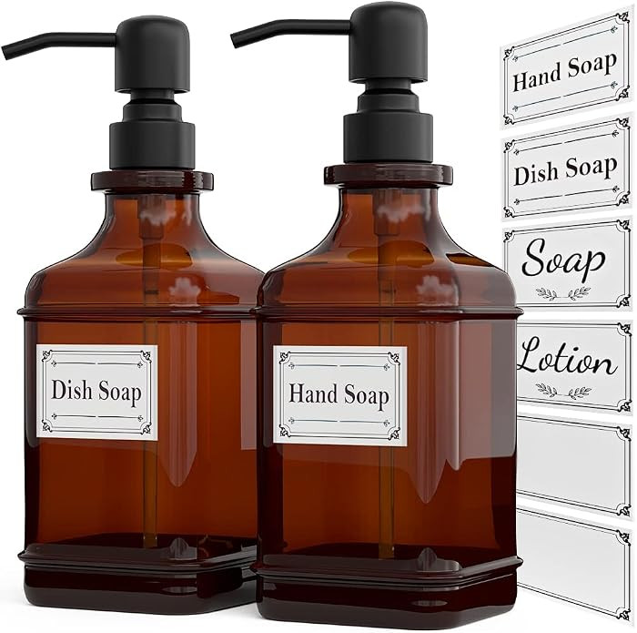 Soap Dispenser 2 Pack, Hand Soap Dispensers with 18 Oz Antique Design Thick Amber Glass Bottle, 3... | Amazon (US)