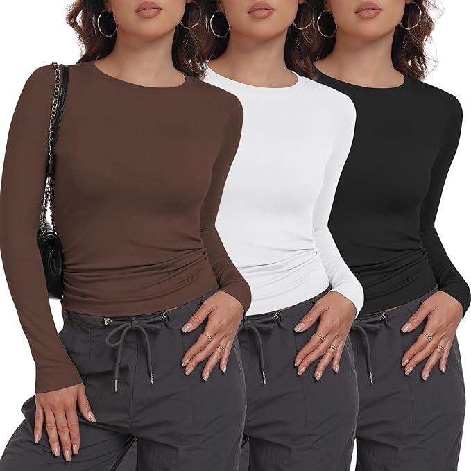 3 Pack Womens Long Sleeve Shirts Crew Neck Basic Stretchy Fitted Y2K Tops Going Out Fashion Cloth... | Amazon (US)