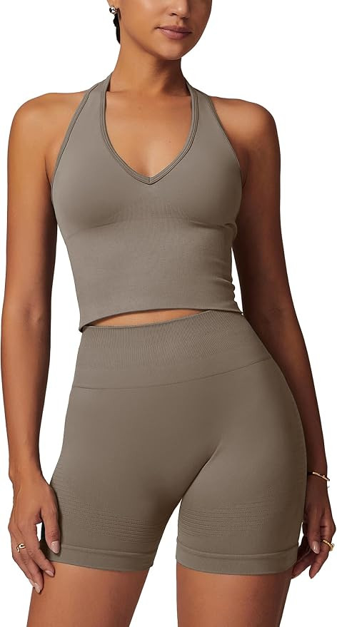 Odizli Sport Set Damen Kurz Neckholder V-Ausschnitt BH Top + High Waist Shorts Gym Fitness Outfit | Amazon (DE)
