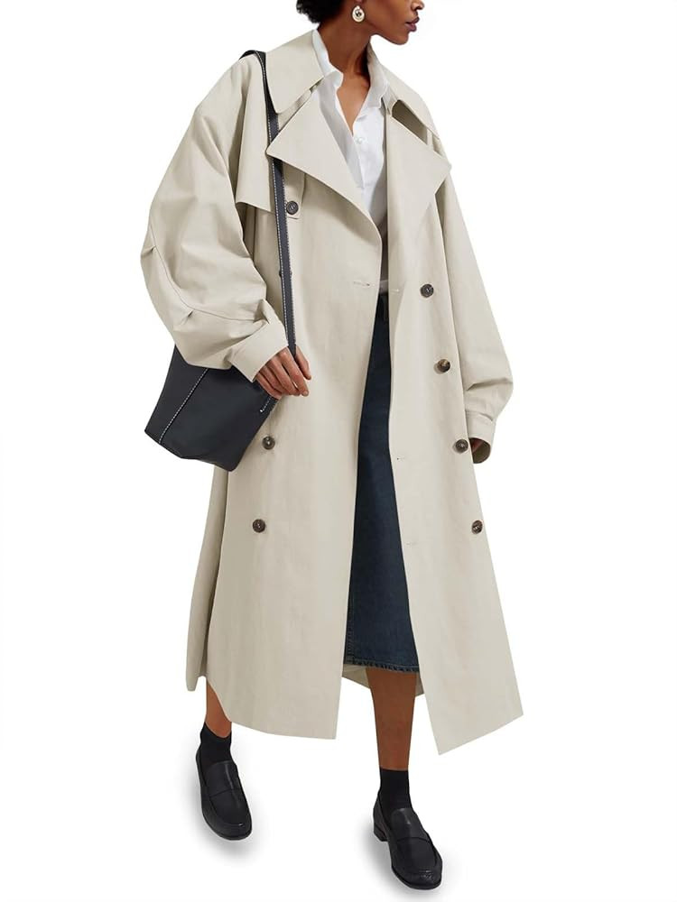 Tankaneo Womens Double Breasted Long Trench Coat Oversized Classic Lapel Belted Overcoat | Amazon (US)
