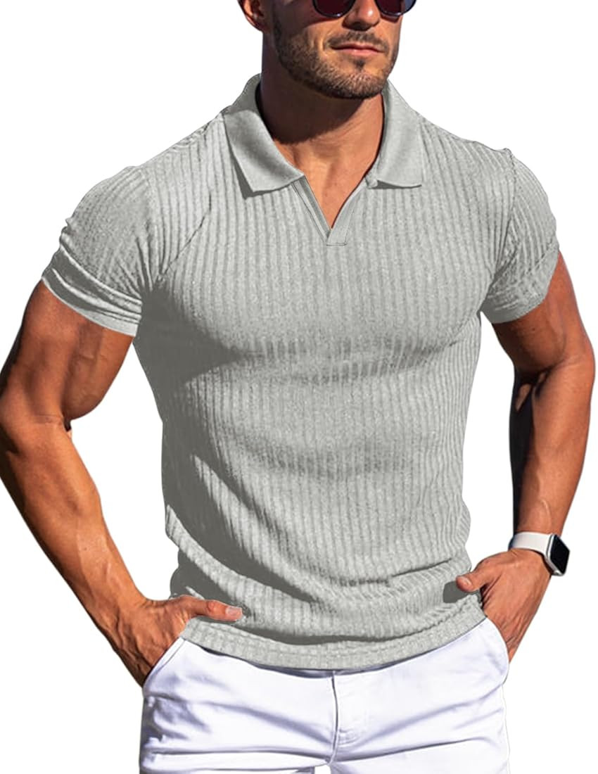 Men's Muscle V Neck Polo Shirts Slim Fit Short Long Sleeve Cotton Golf T-Shirts Ribbed Knit Soft ... | Amazon (US)