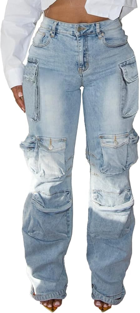 Unybwonn Women Rhinestone Cargo Jeans High Waisted Baggy Sexy Sparkly Cut Out Ripped Distressed S... | Amazon (US)