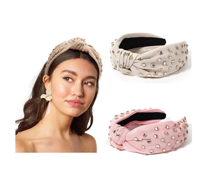 Pearl Knotted Headbands for Women Hair Twist Rhinestone Top Knot 2PCS Wide Band Fashion Cute Stud... | Amazon (US)