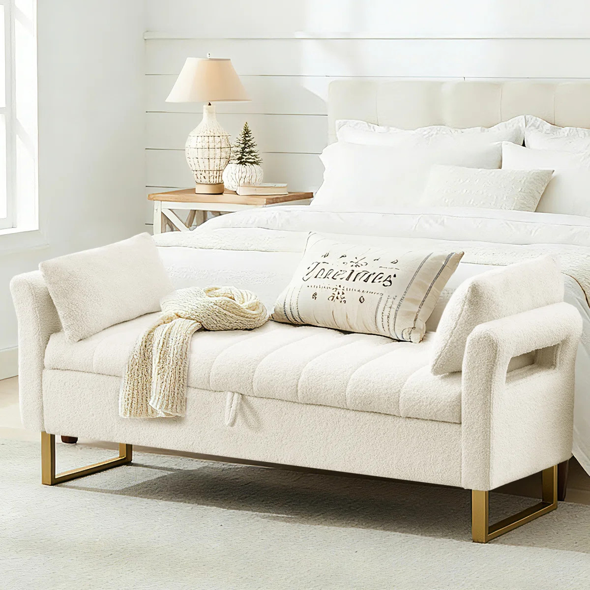 66"W Upholstered  Teddy Bedroom Storage Bench End of Bed King Size with Gold Legs,Curverd Armrest... | Wayfair North America