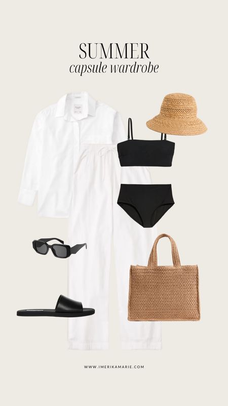 summer capsule wardrobe. summer outfit. old money. quiet luxury. swim. straw bag. straw bucket hat. sunglasses. sandals. linen pants. vacation outfit. beach outfit. 

#LTKSeasonal #LTKstyletip #LTKunder100