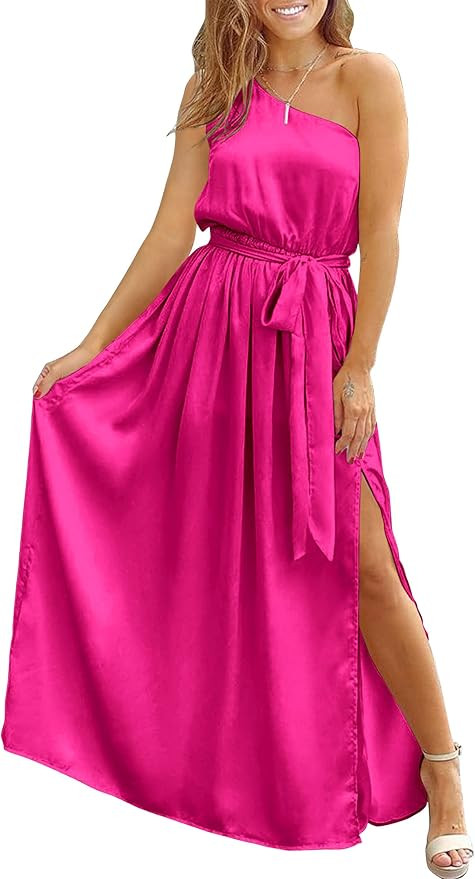 KIRUNDO Womens 2023 Summer Satin Sleeveless One Shoulder Maxi Wedding Guest Dress Tie Waist Slit ... | Amazon (US)