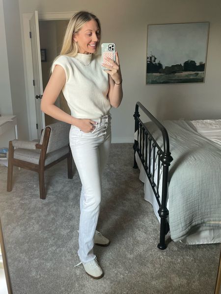 Olivia pope moment! All white from head to toe today. Old Abercrombie straight leg jeans but linked current style. Wearing 27 in this brand. Wearing small in this Amazon mock neck sweater tank with elevated shoulder detail. White sneakers I own & love linked 

#LTKSeasonal #LTKunder100 #LTKshoecrush
