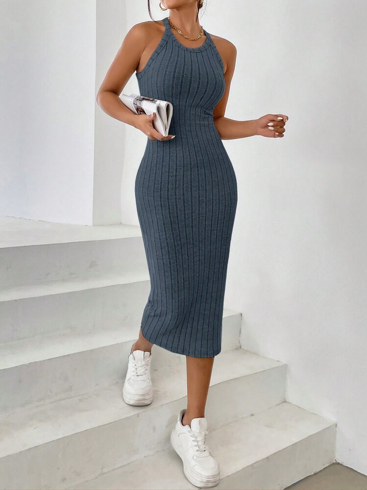 SHEIN Essnce Solid Color Sleeveless Halter Neck Dress | SHEIN