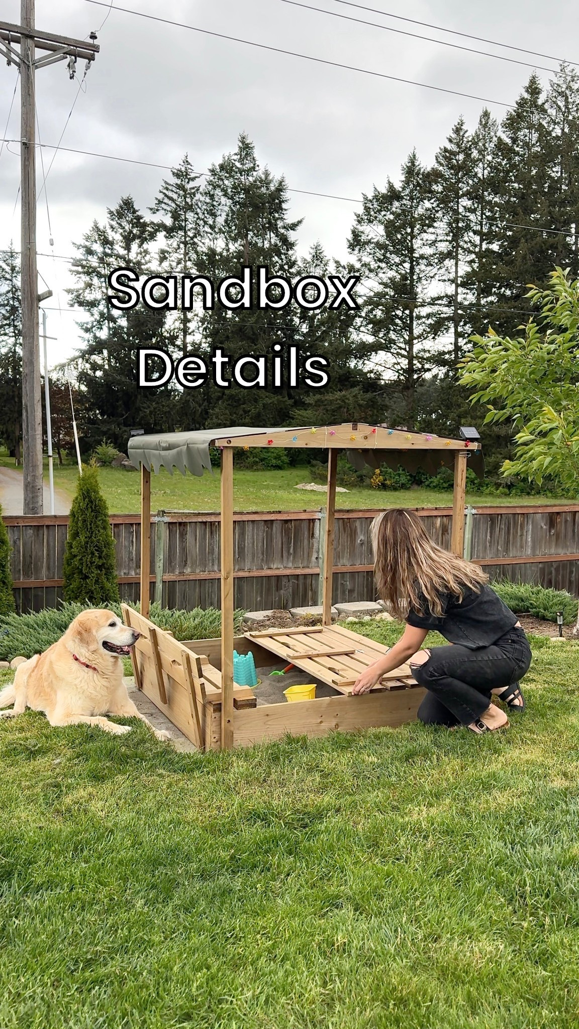 I found this adorable sandbox at Lowe’s and filled it with eight bags of their sand! The kids are loving it. Plus the little flower lights are a fun touch :)