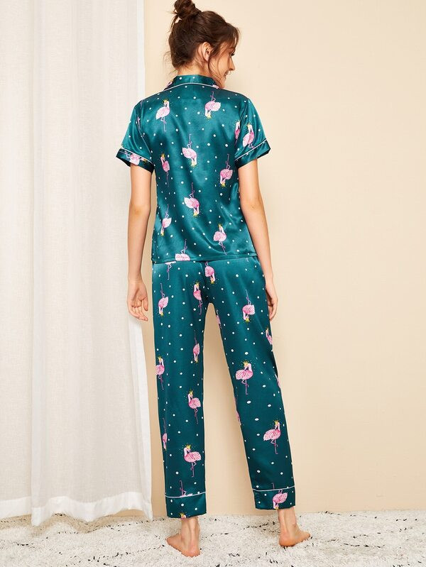 Flamingo Print Polka Dot Satin PJ Set | SHEIN