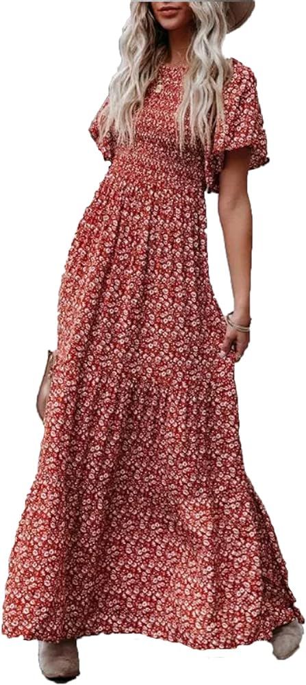 POGTMM Women Tiered Maxi Dress Bohemian Maternity Dress for Wedding Guest Spring 2022 Smocked Wai... | Amazon (US)