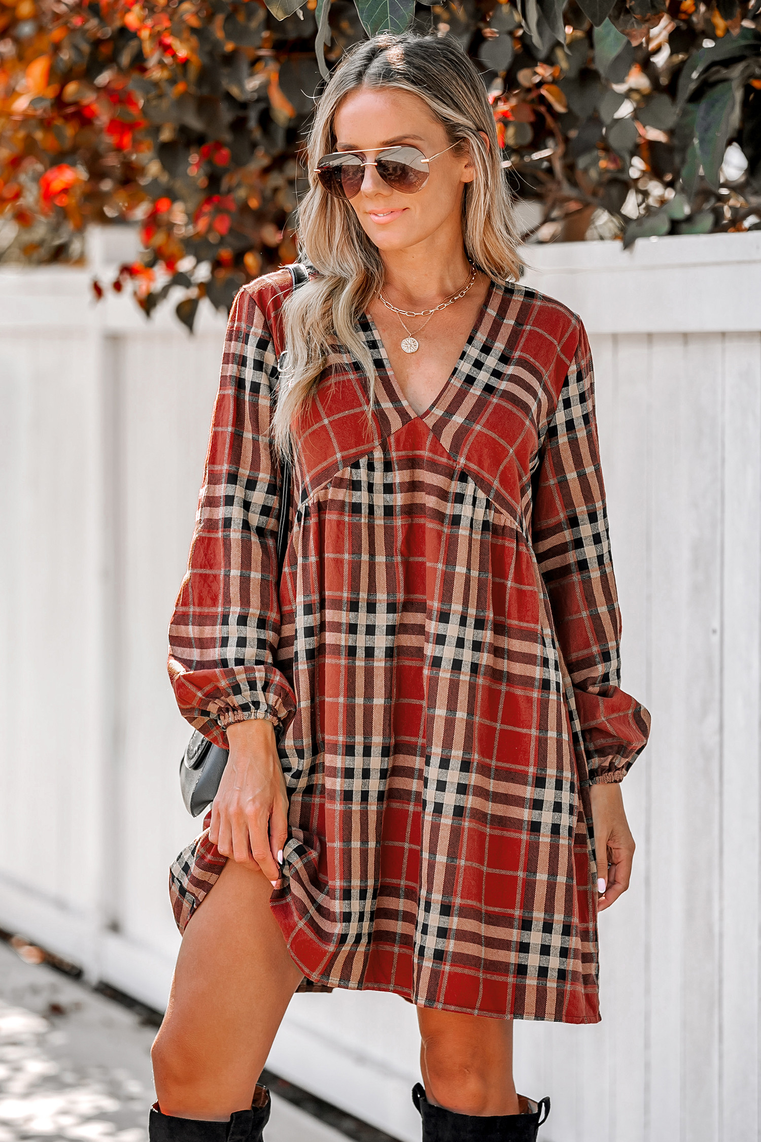 Plaid V-Neck Peasant Sleeve DressHOT | Cupshe US